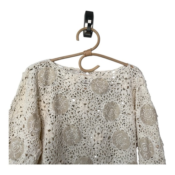 Vintage Handcrafted Open Crochet Sweater Floral Embroidered Pullover Ivory Large - Picture 5 of 12